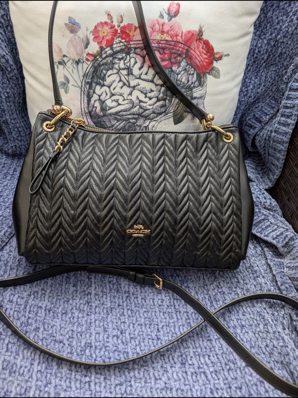 Coach Black Quilted Chevron Leather Shoulder Bag with Gold Hardware F76721